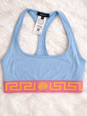 Versace Sky Blue Racerback Bralette with Pink & Yellow Logo Band